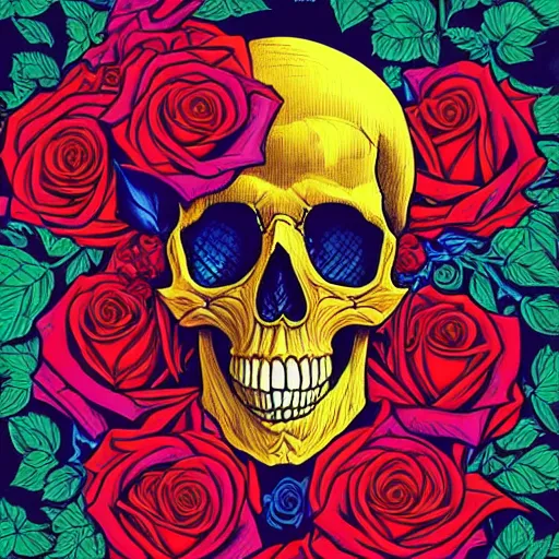 Image similar to ortographic view of a large skull and vivid roses by Jen Bartel and Dan Mumford and Satoshi Kon, gouache illustration