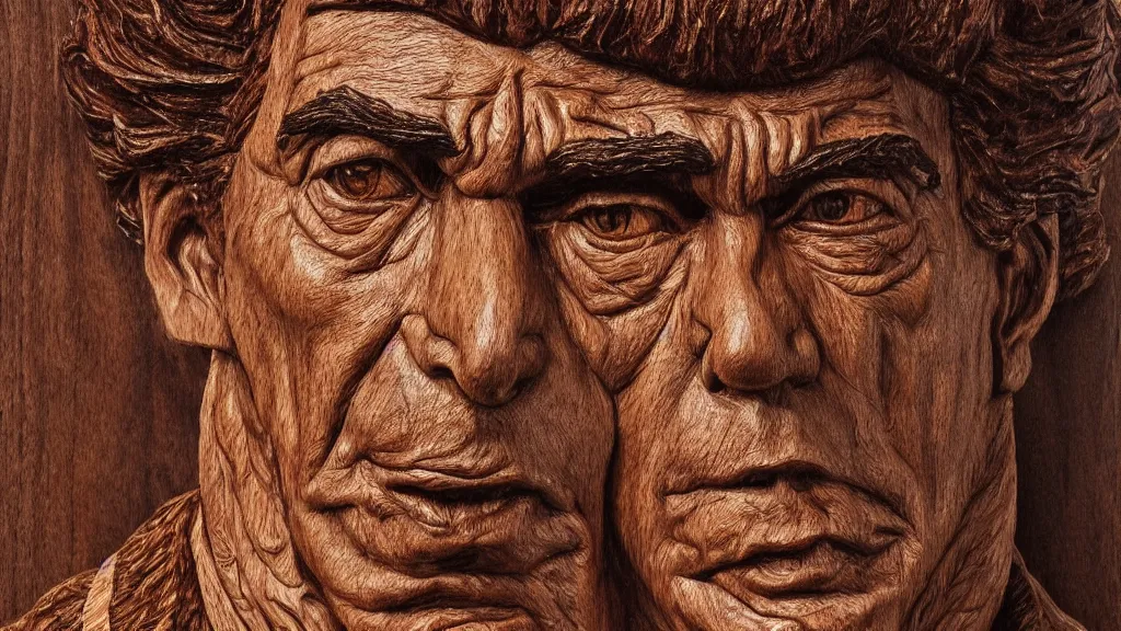 Prompt: a highly detailed, realistic wood carving of Cosmo Kramer, intricate, 8k highly professionally detailed, HDR