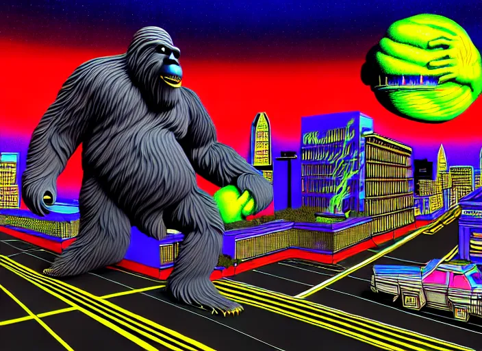 Prompt: maximalist 3 d render of giant bigfoot destroying washington dc, debris and fire, collapsed buildings, monster, hyperdetailed against a psychedelic surreal background in the style of 1 9 9 0's cg graphics against the cloudy night sky, lsd dream emulator psx, 3 d rendered y 2 k aesthetic by ichiro tanida, 3 do magazine, wide shot