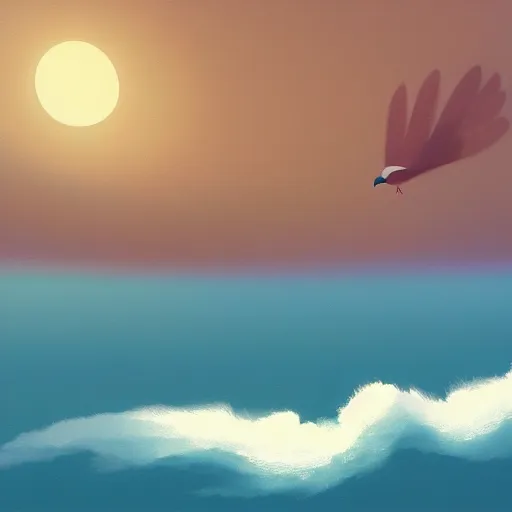 Prompt: goro fujita ilustration view from the sky of a bird with open wings full of feathers, flying over the ocean with waves, painting by goro fujita, sharp focus, highly detailed, artstation