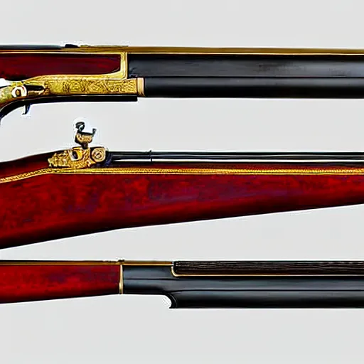 Prompt: a shotgun made from glossy red - painted wood and elements of gold metalwork, full - length photograph