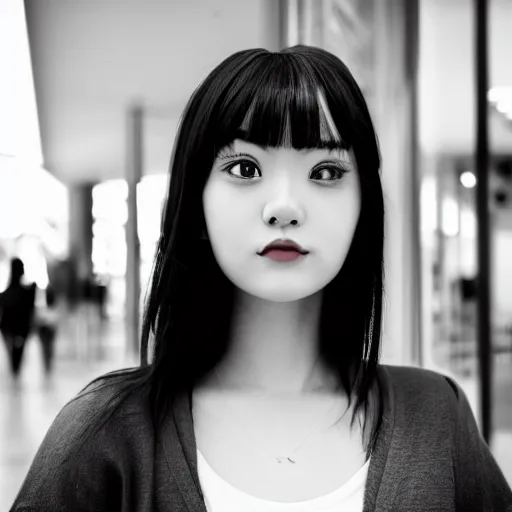 Prompt: a closeup portrait of woman walking in mall alone in style of 1990s, street photography seinen manga fashion edition, focus on face, eye contact, tilt shift style scene background, soft lighting, Kodak Portra 400, cinematic style, telephoto