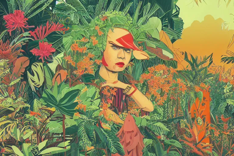 Prompt: 2 d gouache illustration of a rotterdam gabber from 9 0's, a lot of exotic vegetation, trees. flowers, oldschool vintage sci - fi flat surreal design, super - detailed, painting by satoshi kon, hd, 4 k, high quality