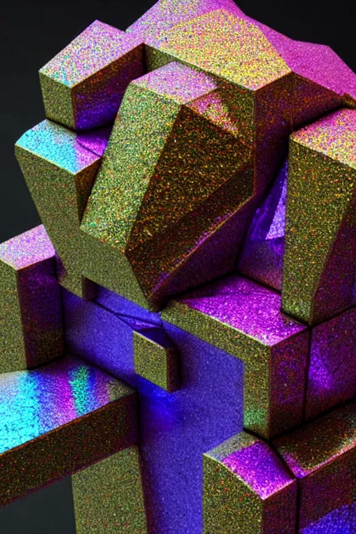 Image similar to a multicolored bismuth golem, an abstract sculpture by ryusei kishida, polycount, crystal cubism, angular, iridescent, made of crystals : : extremely high details, masterpiece, photorealistic, hyperrealism, vray, octane render, volumetric lighting, depth of field, bokeh, artstation, cgsociety