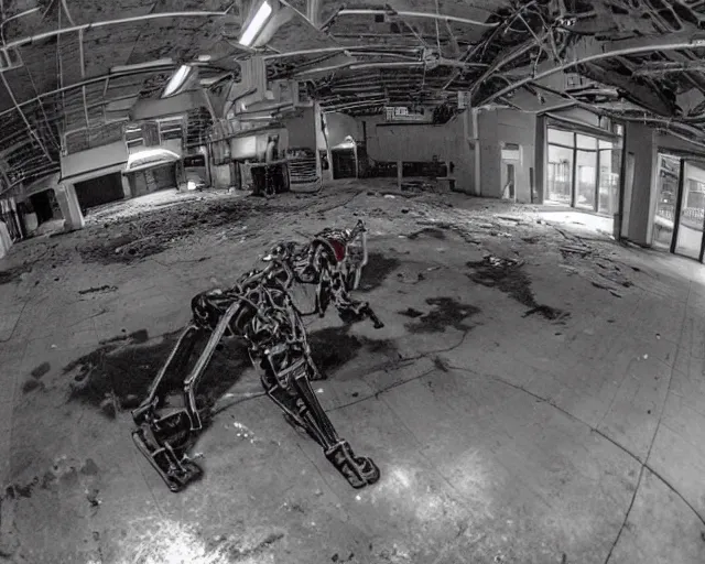 Image similar to camera footage of a Big Dog Robot hunting people in an abandoned shopping mall, high exposure, dark, monochrome, camera, grainy, CCTV, security camera footage, timestamp, zoomed in, fish-eye lense, Robot, Drone, Intense, Darpa,