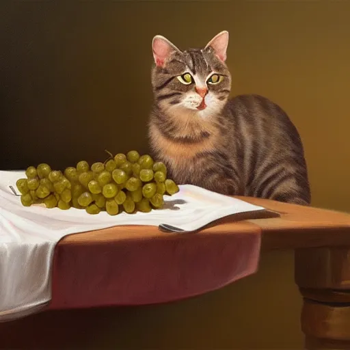 Prompt: a cat with grapes on a table, still life painting, artstation