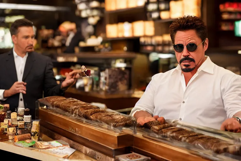 Prompt: tony stark selling cigar in starbucks, beach on backgrounds, high detail, fat guy ordering food, high resolution, 8K, HD