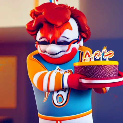 Image similar to Ronald Mcdonald with a birthday cake wearing a miami dolphins jersey, concept art, cgsociety, octane render, trending on artstation, unreal engine 8k,