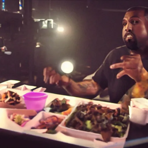 Image similar to blurry, gopro footage of kanye west eating at taco bell, cinematic, volumetric lighting, night, rain