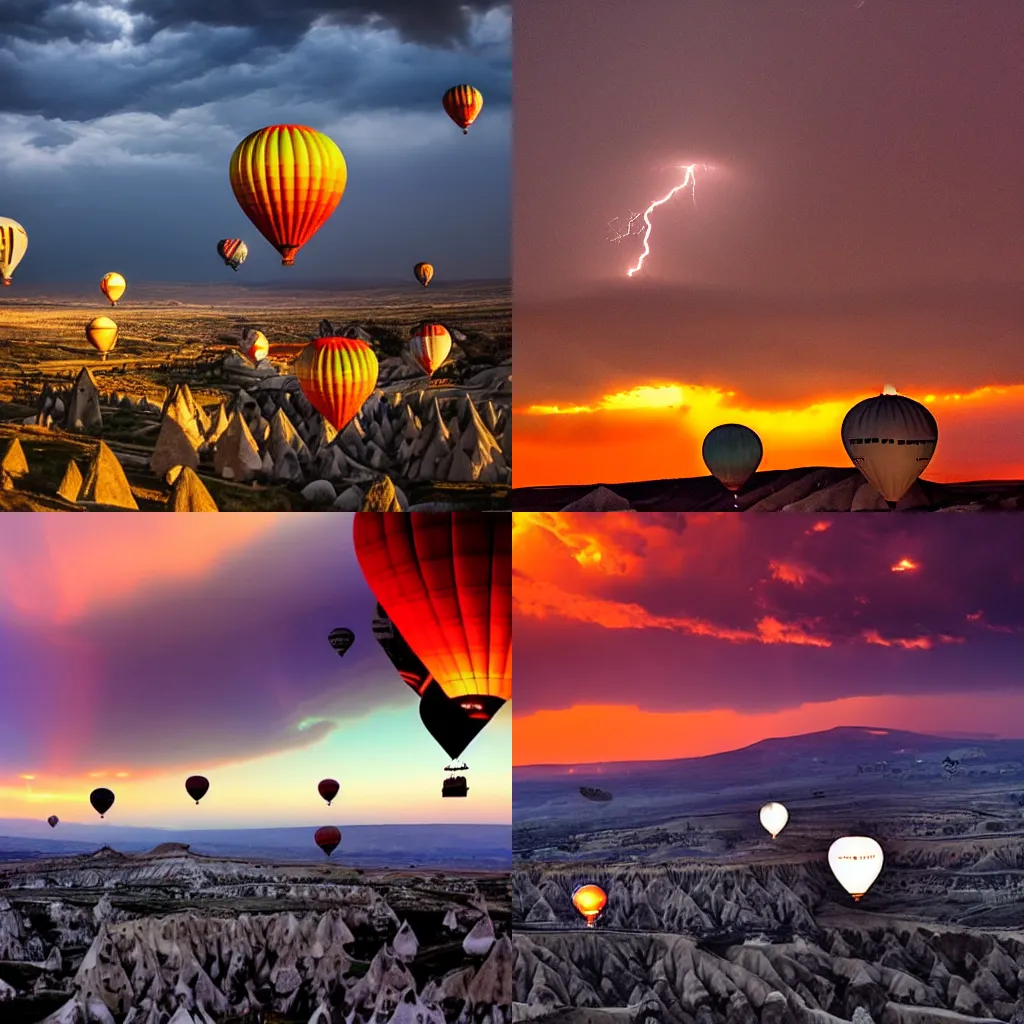 Prompt: cappadocia, hot-air baloons in the sky, darkness weather and clouds, lightning , sunset