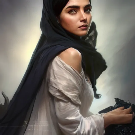 Image similar to a Photorealistic dramatic hyperrealistic render of an arab ameera al taweel, blue eyes, wavy black hair, white veil,by WLOP,Artgerm,Greg Rutkowski,Alphonse Mucha, Beautiful dynamic dramatic dark moody lighting,shadows,cinematic atmosphere,Artstation,concept design art,Octane render,8K