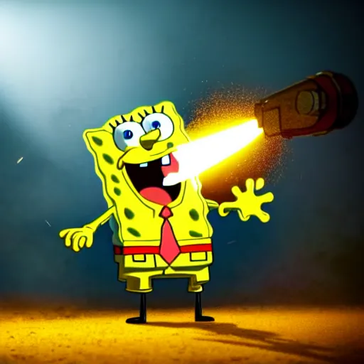 Prompt: high detail full body shot of spongebob squarepants shooting a machine gun with muzzle flash, cinematic framing, cinematic light, hard shadows,