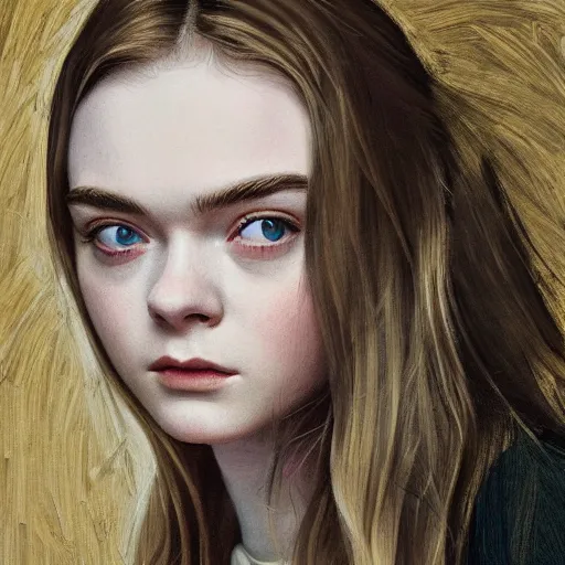 Prompt: professional painting of Elle Fanning in the style of Koson Ohara, head and shoulders portrait, symmetrical facial features, smooth, sharp focus, illustration, intricate, stormy weather, extremely detailed masterpiece,