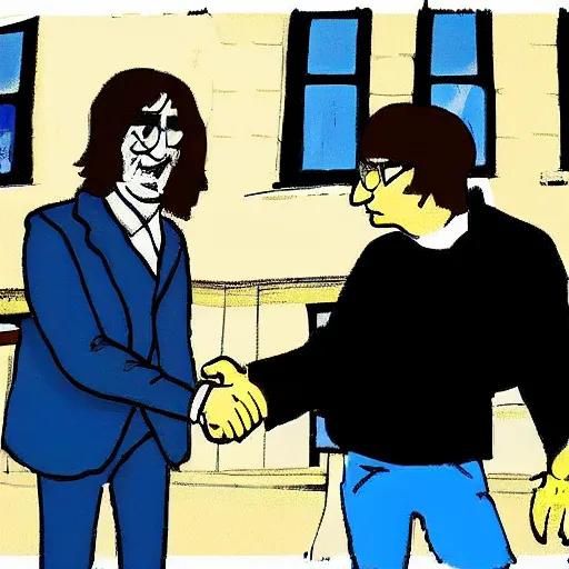 Image similar to john lennon shakes hand with obama outside quaint cafe in the city, cartoon style digital art