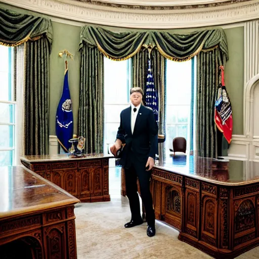 Image similar to professional portrait of dababy in the oval office, wearing a black suit,