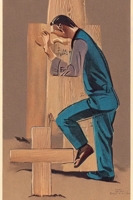 Image similar to man kneeling at the base of a wooden cross, 1960’s advertising art illustration