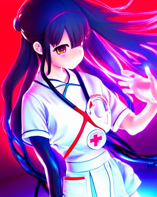 Image similar to anime style, vivid, expressive, full body, 4 k, painting, a cute magical girl with a long wavy hair wearing a nurse outfit, correct proportions, stunning, realistic light and shadow effects, neon lights, studio ghibly makoto shinkai yuji yamaguchi