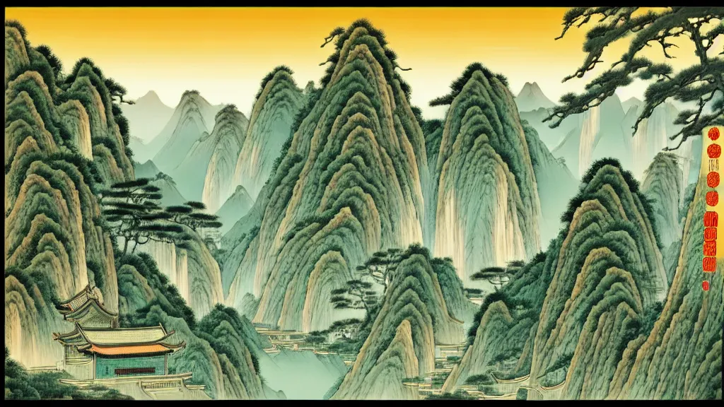 Prompt: beautiful ancient chinese landscape scenery by miyazaki, anime poster, cel shaded