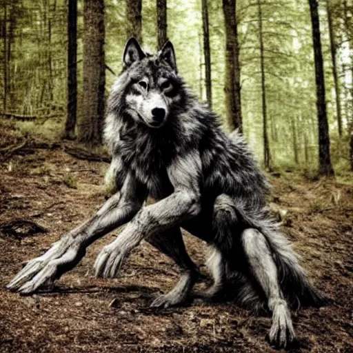 Image similar to werecreature consisting of a human and wolf, photograph captured in a forest