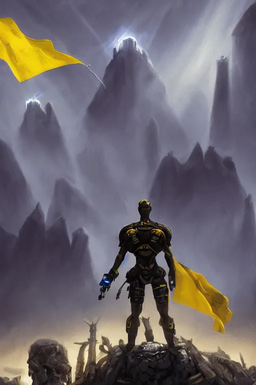 Prompt: a distant shot of a human super soldier with blue and yellow flag and standing alone on a huge pile of human skulls as a winner, masculine figure, D&D, fantasy, bright hopeful atmosphere, volumetric lights, beam of bright light through the clouds, intricate, elegant, highly detailed, extremely detailed, digital painting, artstation, concept art, matte, smooth, sharp focus, hyper realistic, illustration, art by Artgerm and Greg Rutkowski and Alphonse Mucha