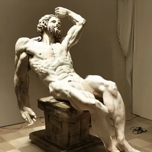 Prompt: greek classical art magnum-opus masterpiece sculpture of flayed man being skinned alive bathed in dramatic white lighting ultra-detailed by Michelangelo -