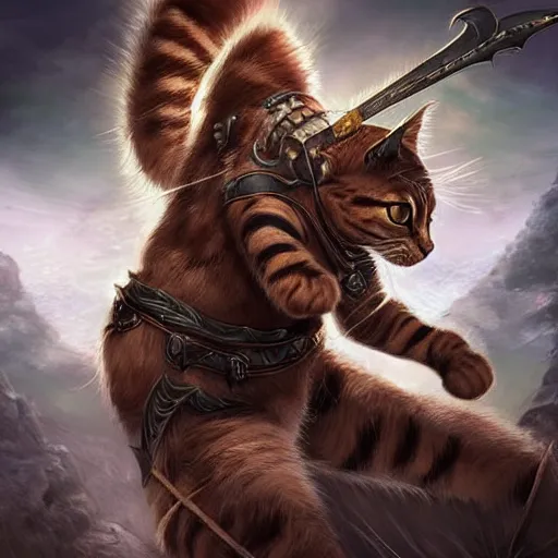 Image similar to a hyper realistic cat warrior, ultra detailed, magic the gathering art, digital art, cinematic, studio lighting, background battlefield, fantasy, no blur,