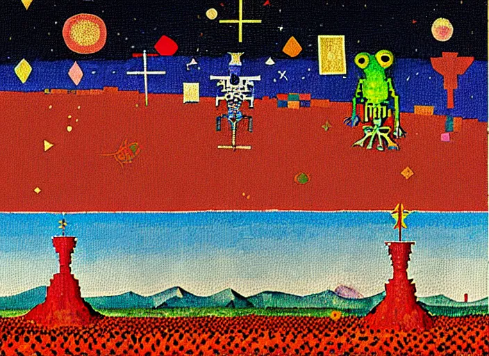 Image similar to pixel decollage painting tarot lovers card composition tower of babel road red armor maggot bear and wonky alien frog skeleton knight on a horse in a dark red cloudy night sky with golden foil jewish stars and diamonds, mountain lake and blossoming field in background, painted by Mark Rothko, Helen Frankenthaler, Danny Fox and Hilma af Klint, pixelated, neo expressionism, semi naive, pastel colors, cinematic, color field painting, cave painting, voxel, pop art look, outsider art, minimalistic. Bill Traylor painting, part by Philip Guston, Amano and Francis Bacon. art by Adrian Ghenie and Storm Thorgerson, very coherent symmetrical artwork, cinematic, hyper realism, high detail, octane render, unreal engine, Smooth gradients, depth of field, full body character drawing, extremely detailed, 8k, extreme detail, intricate detail, masterpiece