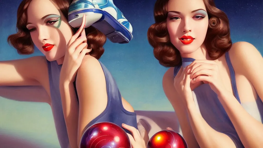 Image similar to art deco bowling alley, cute girl bowling, photo, ultra detail, photoreal, professionally retouched, soft moonlight lighting, shiny plastic miniskirt, realistic, smooth face, goddess, luscious lips, perfect eyes, wide angle, sharp focus on eyes, 8 k high definition, insanely detailed, intricate, elegant, art by artgerm and wlop