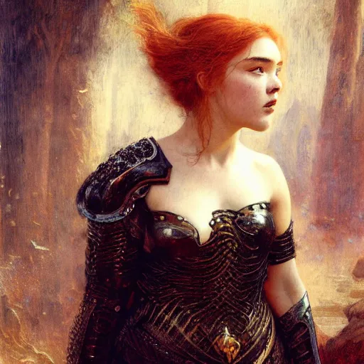 Image similar to young redheaded florence pugh, wearing dark black ornamented medieval armour, detailed, by gaston bussiere, bayard wu, greg rutkowski, giger, maxim verehin, greg rutkowski, masterpiece, sharp focus,