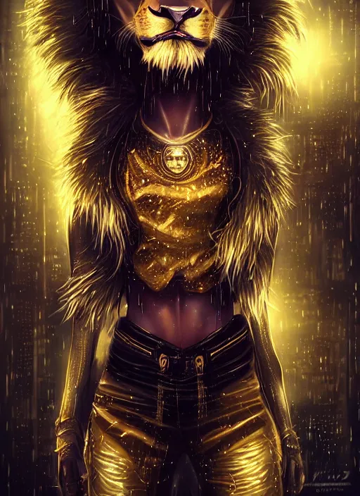 Image similar to award winning beautiful portrait commission of a male furry anthro lion fursona with a tail and a cute beautiful attractive detailed furry face wearing stylish black and gold cyberpunk clothes in a cyberpunk city at night while it rains. Character design by charlie bowater, ross tran, artgerm, and makoto shinkai, detailed, inked, western comic book art