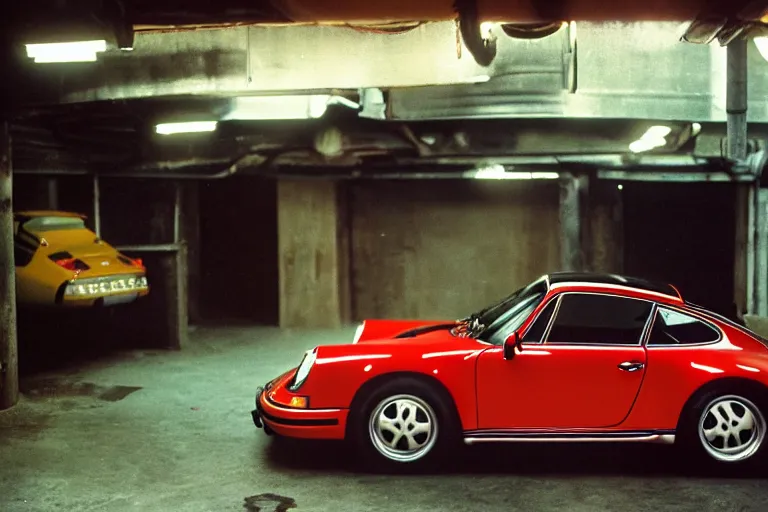 Prompt: a single 1 4 8 0 porsche 9 1 1, inside of a tokyo garage, ektachrome photograph, volumetric lighting, f 8 aperture, cinematic eastman 5 3 8 4 film, movie still from bladerunner