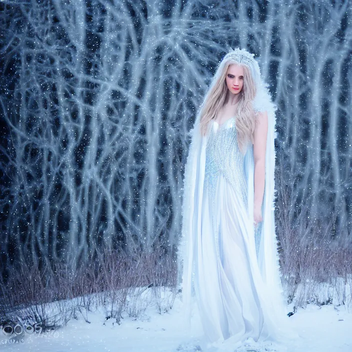 Image similar to photograph of a real-life beautiful ice queen with intricate white dress in an ethereal snowy landscape. Extremely detailed. 8k