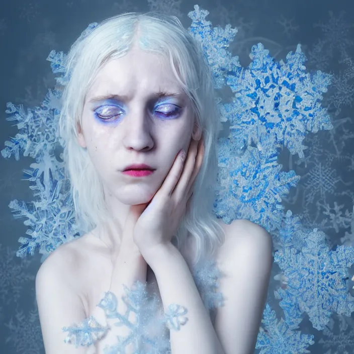 Image similar to a sickly looking young woman dying of hypothermia, with very white skin and pale blue hair wearing a long white summer dress made out of snowflakes in the middle of a heavy snowstorm. pale light blue lips. full body digital portrait by maromi sagi