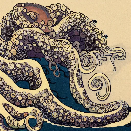 Image similar to The love of an octopus, style of Hokusai, artstation,