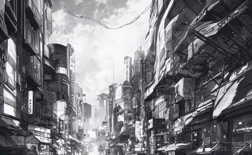 Image similar to anime city lineart, black and white straight lines 8k hdr pixiv dslr photo by Makoto Shinkai ilya kuvshinov and Wojtek Fus, digital art, concept art,