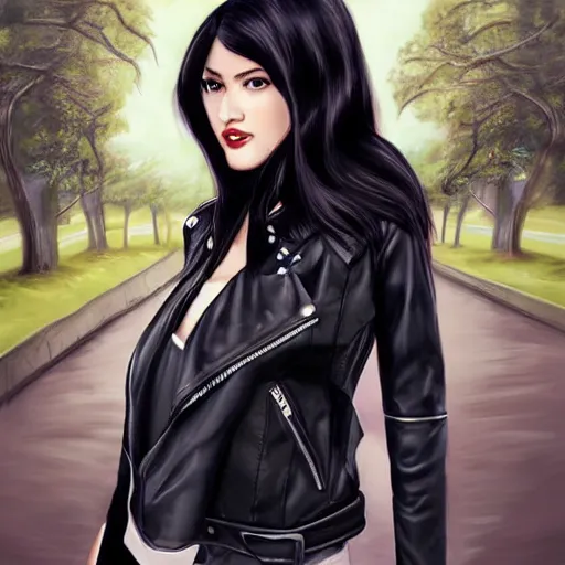 Prompt: woman with black hair and a leather jacket in a beautiful park, art by artgerm
