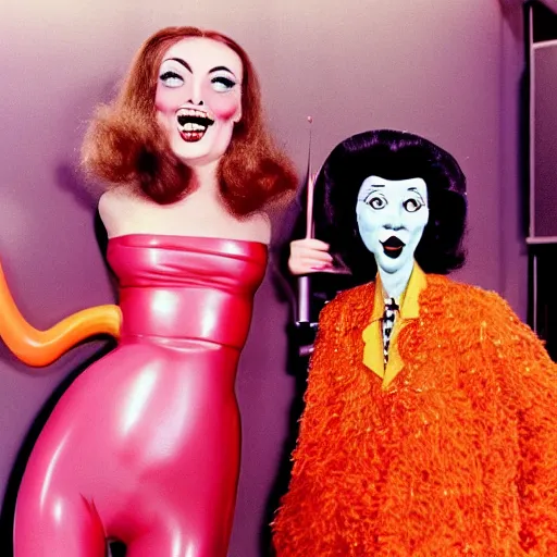 Image similar to 1976 film still glamorous woman photo and her friend, an anthropomorphic stomach, live action children's tv show, 16mm film live technicolor 1976, wacky colorful, in style of john waters doris wishman