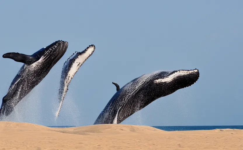 Image similar to whales jumping into sand dunes, photography