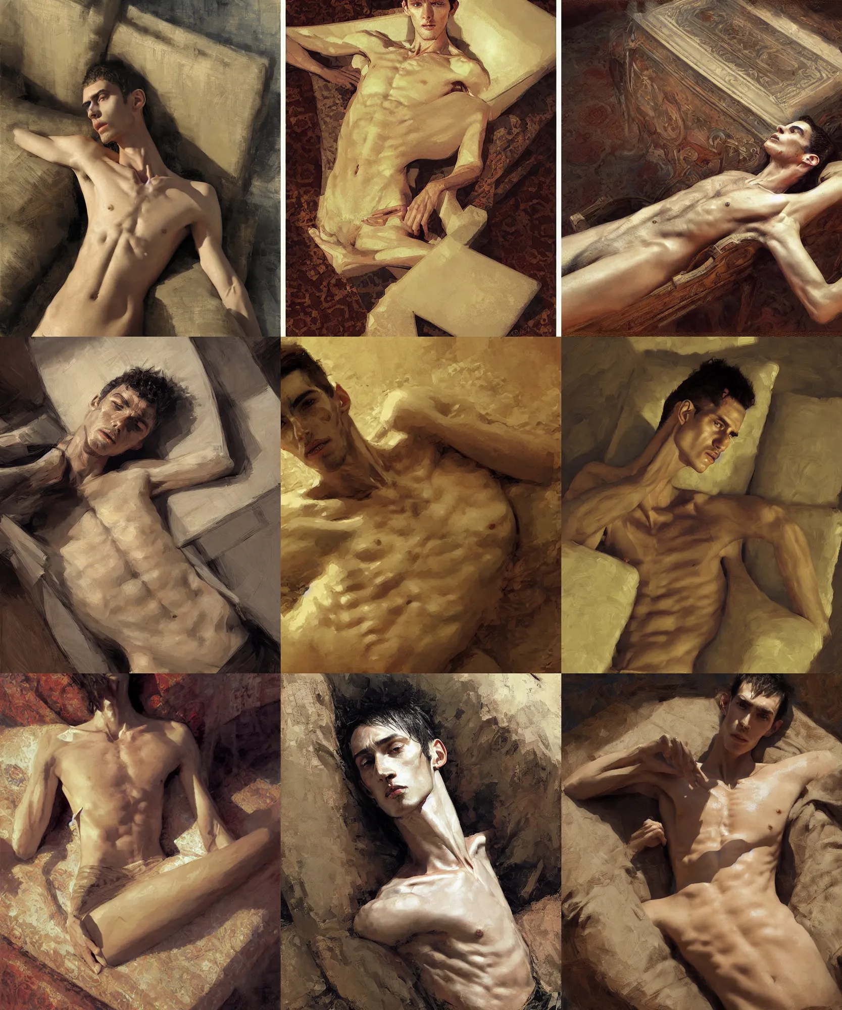 Prompt: overhead view digital art painting portrait of a young skinny gaunt man resting on a divan painted by craig mullins and gaston bussiere and greg rutkowski, symmetrical face, defined facial features, symmetrical facial features, dramatic lighting, close up