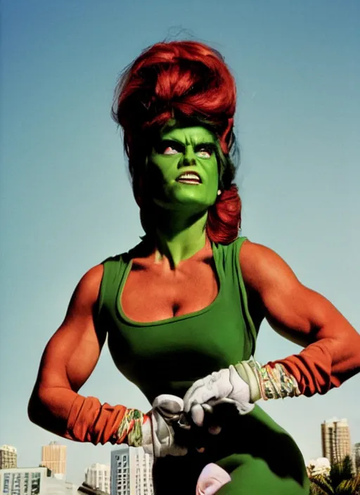 Prompt: a color photo portrait of she hulk in la wearing 6 0's fashion by bruce weber, dramatic lighting, 7 5 mm lens, sharp focus.