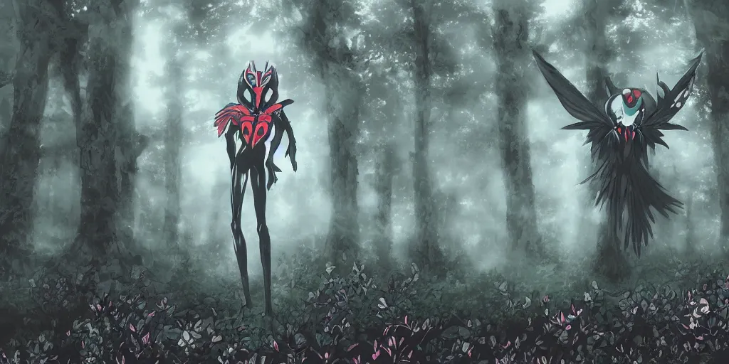 Image similar to Persona 5 Mothman in a forest filled with fog looking back at the viewer, hyper detailed