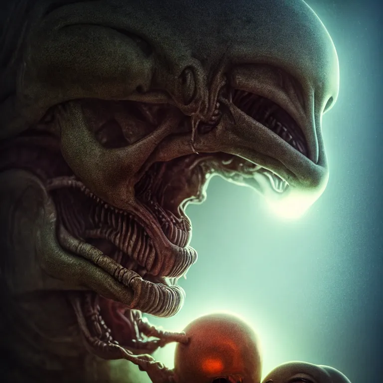 Image similar to closeup portrait of alien kissing prehistoric caveman by hieronymus bosch, lucid dream - like heavy atmosphere, baroque painting, harsh flash photo, perfect composition, detailed octane render trending on artstation, 8 k artistic photography, volumetric cinematic perfect light, chiaroscuro, masterpiece, raphael, caravaggio, beksinski, rutkowski, beeple