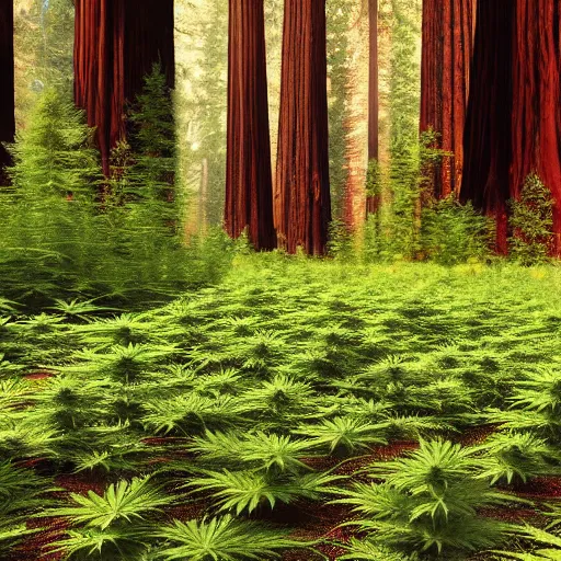 Image similar to of marijuana plants instead of coastal redwood trees in the redwoods forest in california, 4 k photorealism hd