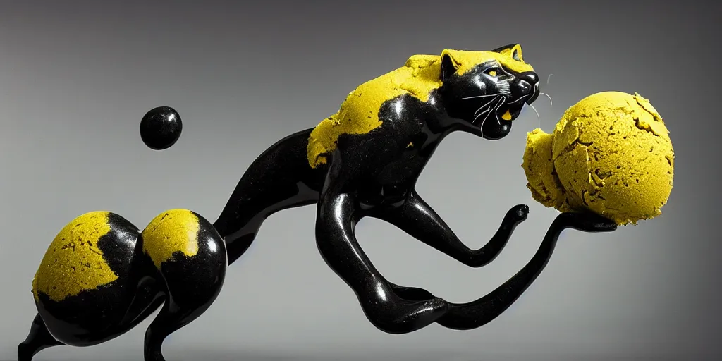 Prompt: abstract panther sculpture created by a mixture of pistachio ice cream, black marble, dandelions and coca cola being thrown around by centrifugal forces, brilliant museum sculpture, award winning photo, 4k