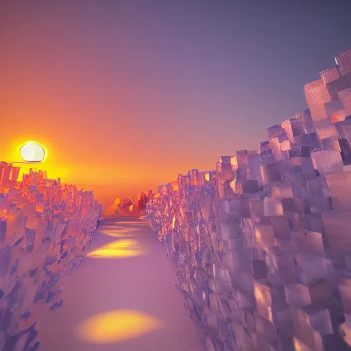 Image similar to a child walking down a liminal styled space stunning sunset in a heavenly crystallized garden of eden notan 3 d architecture single point perspective f 2 2 untra long shot wide angle lens trending on artstation