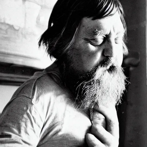 Prompt: robert wyatt gnawing on a long plank of wood, black and white photograph