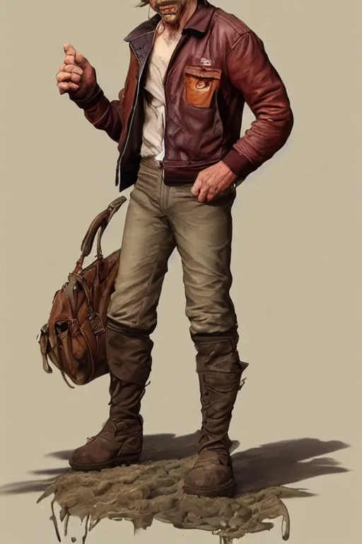 Prompt: character design, turnaround, 40's adventurer, unshaven, optimistic, stained dirty clothing, straw hat, riding boots, red t-shirt, dusty brown bomber leather jacket, detailed, concept art, photorealistic, hyperdetailed, 3d rendering , art by Leyendecker and frazetta,