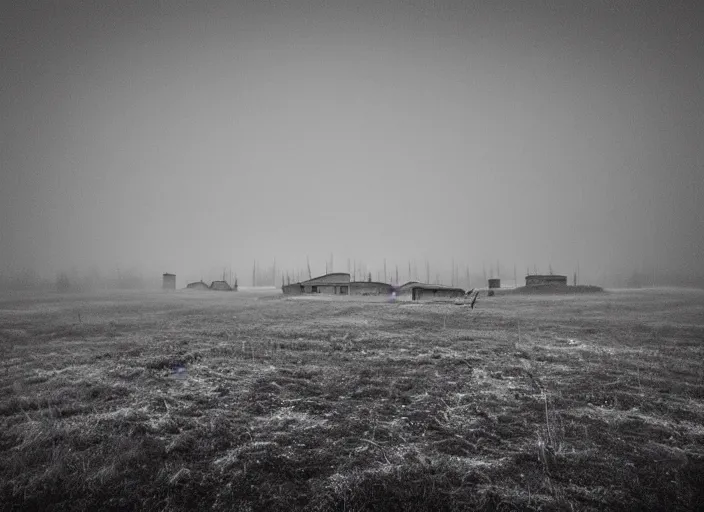 Image similar to high resolution black and white photography with a 3 5 mm f / 2 2. 0 lens of architectural building blocks bulgaria in the middle of a russian wasteland in the 8 0's in the middle of nowhere, there is fog and lights in the background. fine art photography and very detailed