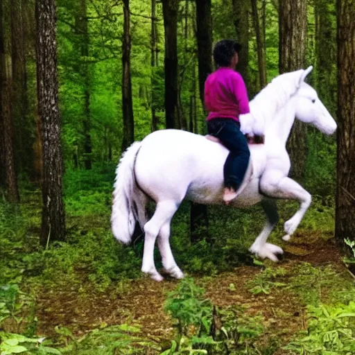 Image similar to trail cam of a teenager with short black curly hair on the woods riding a real unicorn