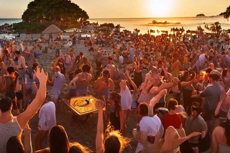 Prompt: everyone dancing at a party at the beach, drinking, food, bar, music, resort, praising the sun, golden hour, cinematic, atmospheric, 8k resolution, Hyperrealistic